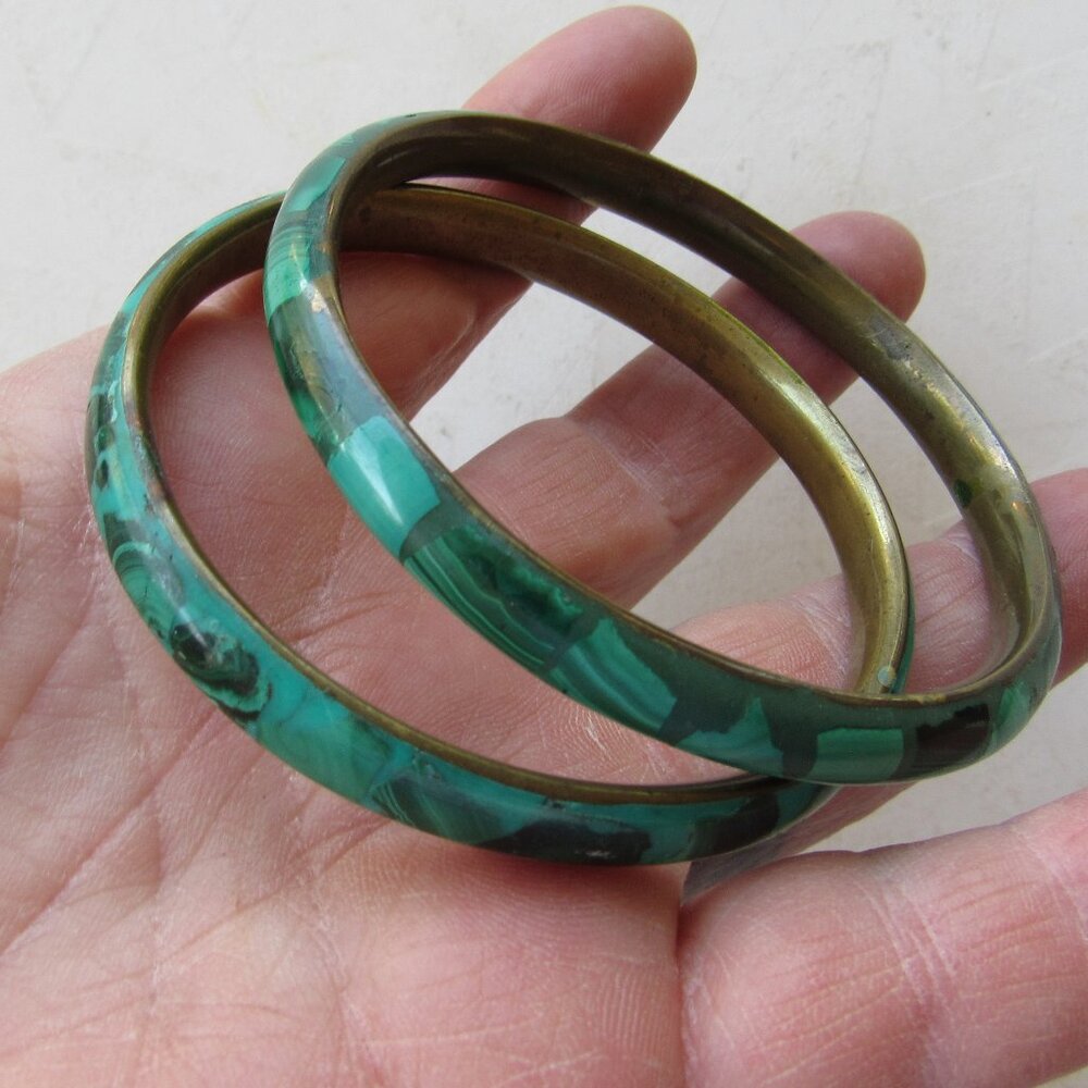Set of 2 Green Malachite Stone and Brass Bangles